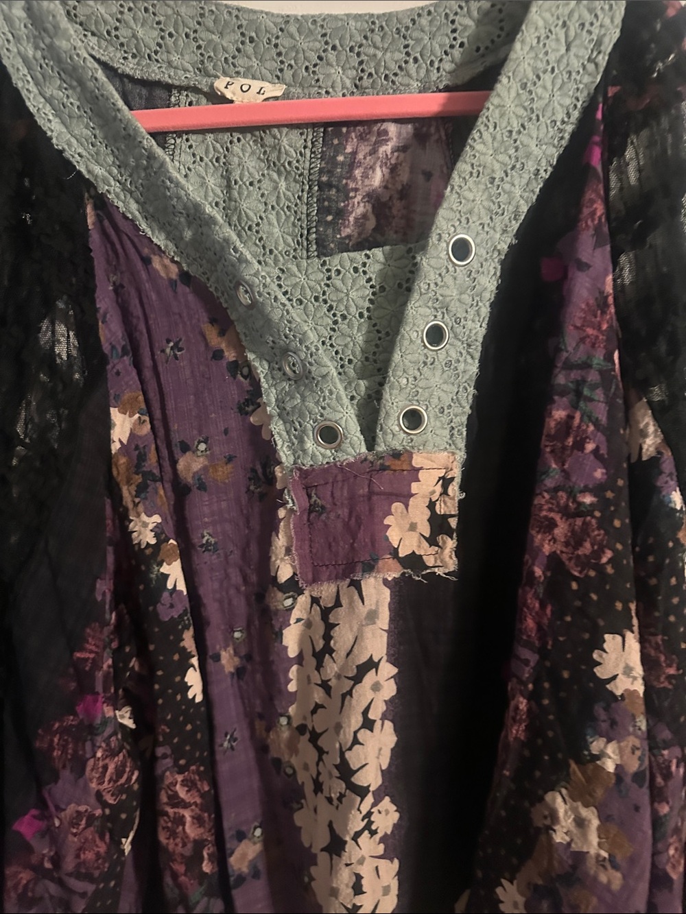 POL Floral Patchwork Boho Top in Black, Purple, Green - Picture 7 of 9